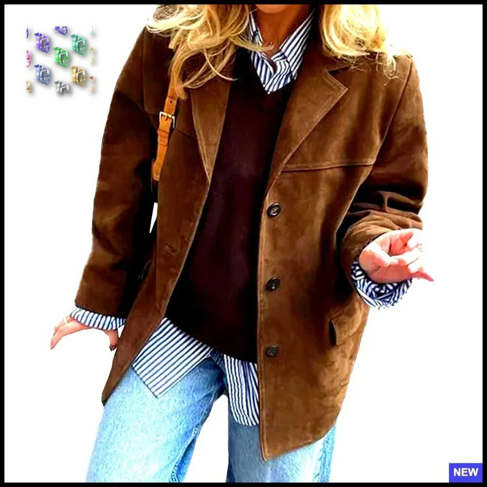 Y2K Faux Suede Blazer Jacket Boyfriend Fit Oversized Shacket Coat Button Down - Picture 1 of 6
